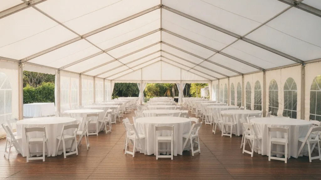 An empty white marquee interior set with round tables showing the floor space each setting takes