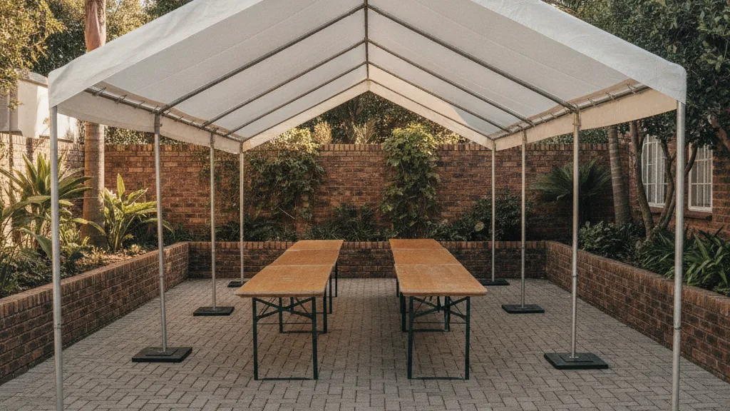 Aluminium frame tent on weight plates on paving in an East London complex courtyard