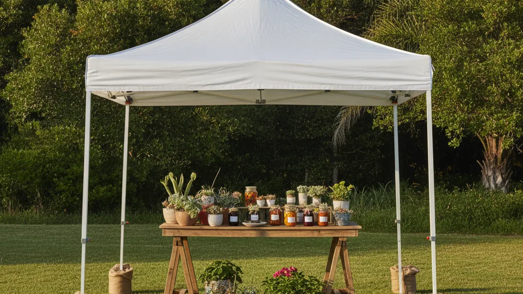 Plain white pop-up gazebo with weighted legs at an East London coastal market