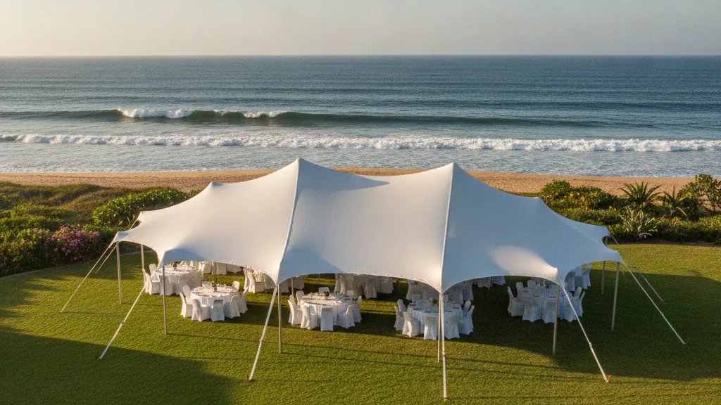 White stretch tent on a green beachfront lawn overlooking the sea at Gonubie near East London
