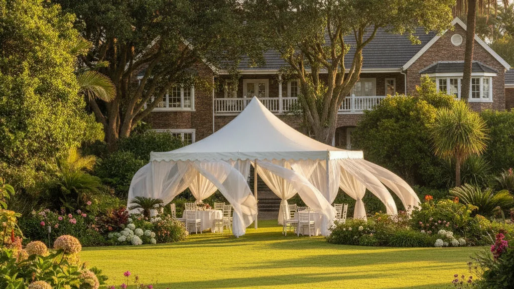 Elegant draped white marquee on a leafy garden lawn in Vincent, East London
