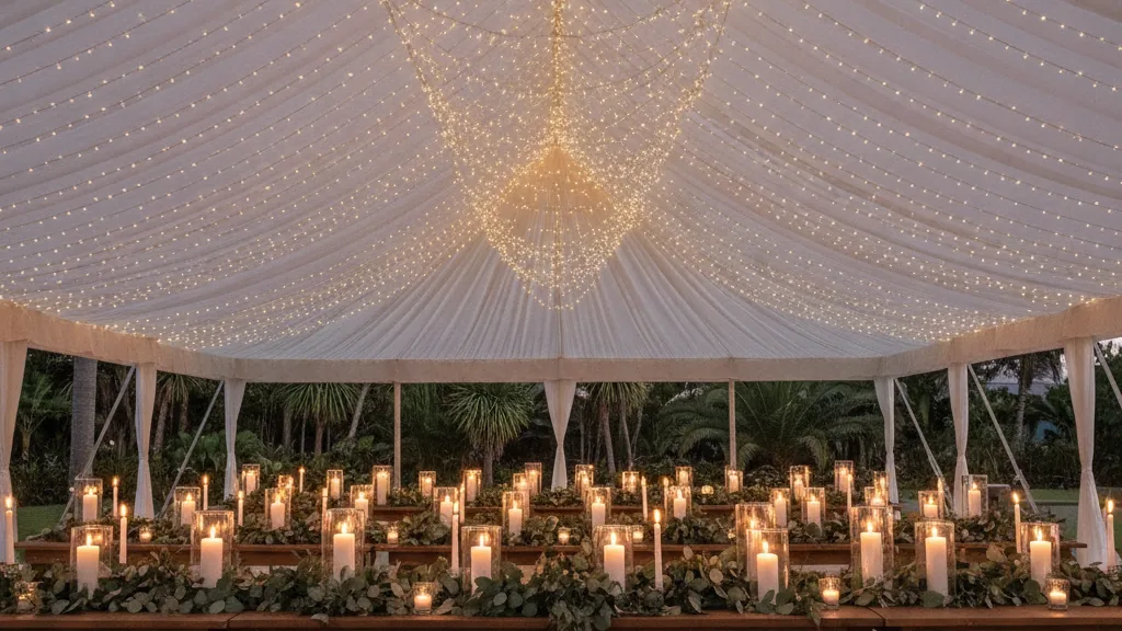 Fairy-lit white wedding marquee interior with candlelit feast tables at dusk in East London